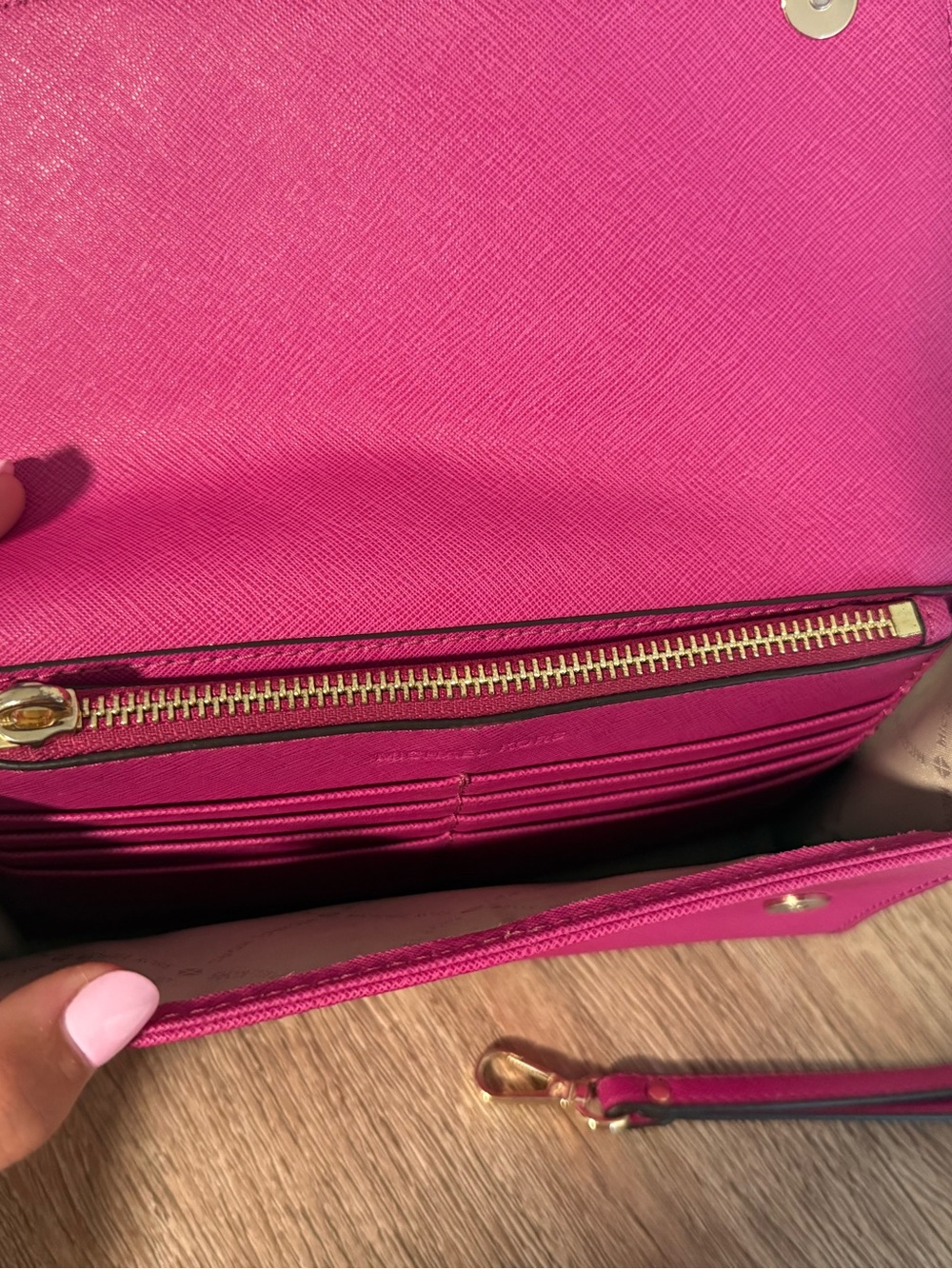 MICHAEL KORS Hot Pink Saffiano Wristlet Wallet with Gold Hardware
